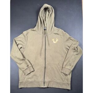 True Religion Buddha Hoodie Mens XL Olive Gold Logo Full Zip Sweatshirt
